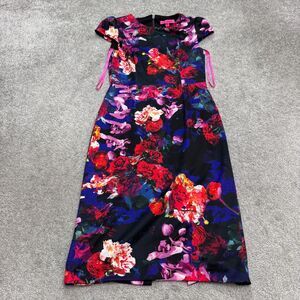 Betsey Johnson Midi Sheath Dress Womens 2 Scuba Floral Multicolor Cap Sleeve